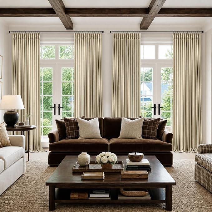120 Inches Oatmeal Extra Long Curtains 2 Panels Set Boho Country Semi Sheer Pinch Pleated Large Window Curtains with Back Tab Rings Beige Linen Textured Tall Drapes for Living Room Bedroom 120 Inch