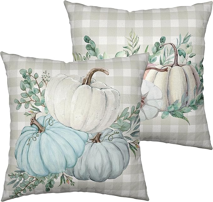 2 Pack Fall Pillow Covers Colorful Pumpkin Decorative Pillow Case Autumn Cotton Linen Farmhouse Throw Pillow Covers Harvest Buffalo Plaid Pillowcase for Outdoor Couch Living Room 22x22