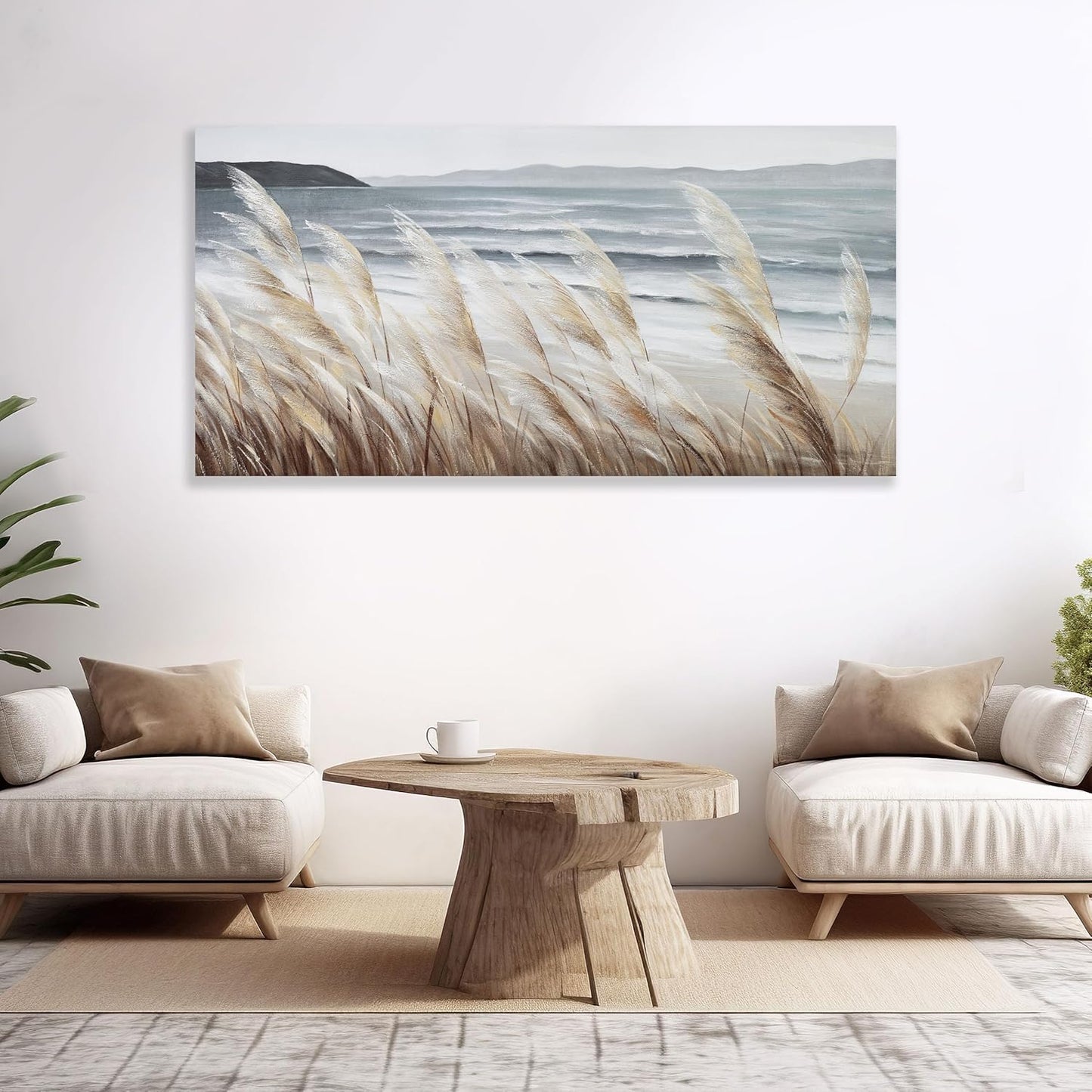 Plant Wall Art Nature Wall Art Reed Seascape Canvas Painting Wall Decor Framed Artwork for Bedroom Living Room Decoration Home Kitchen Office 24"x48"