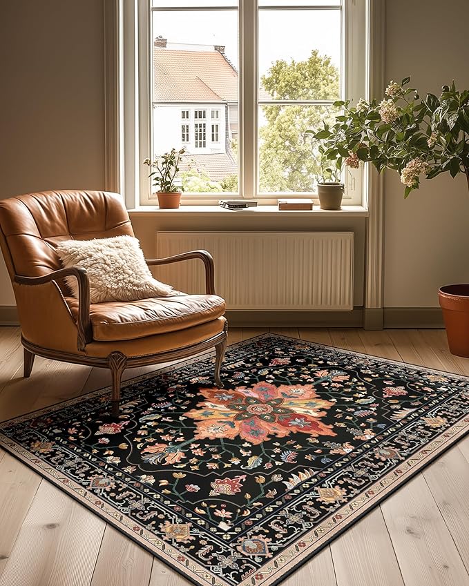 RELEANY Area Rugs 3'x4' Washable Non-Slip, Floral Vintage Distress Print Pattern Medallion Carpet for Living Room Bedroom Dining Room, Black Colorful Floral Dark Tan