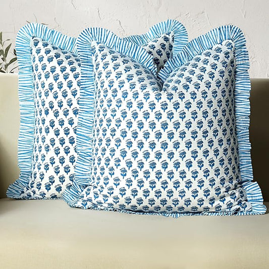 CPC Block Print Ruffle Throw Cover Apatite Blue 16"x16" Inch Pack of 2-100% Cotton Ruffle Couch Decorative Boho Pillows Case for Living Room, Bedroom, Sofa, Farmhouse Gift for Spring, Mother's Day