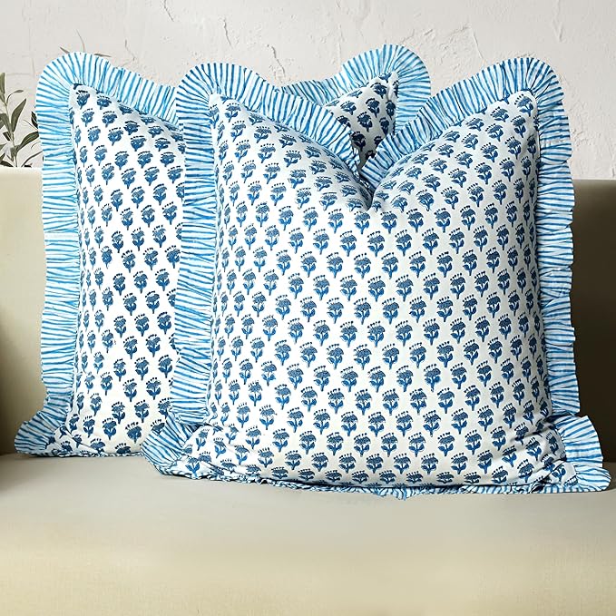 CPC Block Print Ruffle Throw Cover Apatite Blue 18"x18" Inch Pack of 2-100% Cotton Ruffle Couch Decorative Boho Pillows Case for Living Room, Bedroom, Sofa, Farmhouse Gift for Spring, Mother's Day