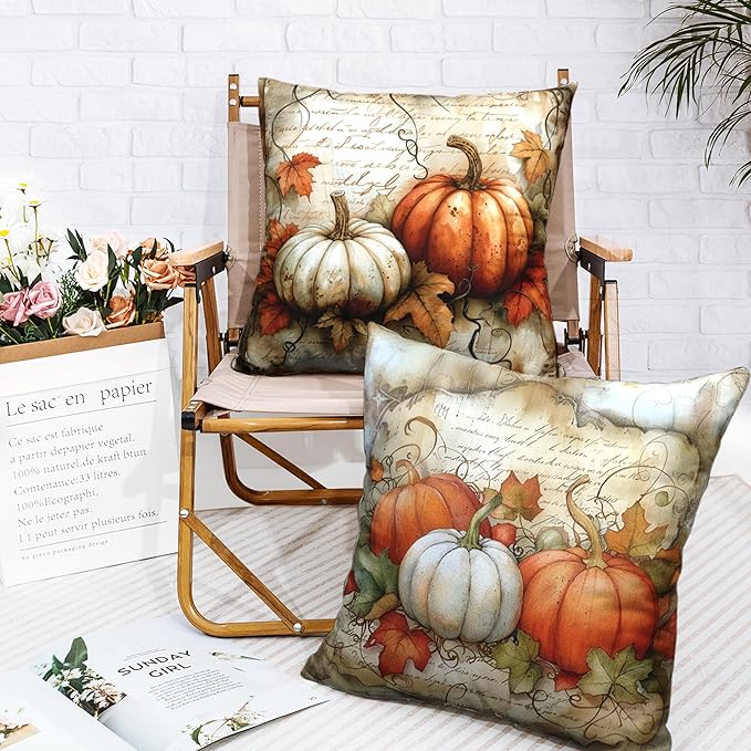 Fall Pillow Covers 22x22 Vintage White Orange Pumpkin with Maple Leaves Decorative Pillow Case Set of 2 Autumn Cotton Linen Cushion Case for Couch Patio Bench