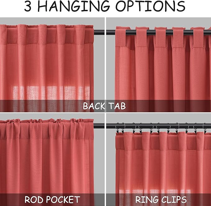Brick Red Kitchen Tier Curtains 24 Inch Length Linen Blend Privacy French Country Light Filtering Short Curtain with Rod Pocket Back Tab for Over Sink Window Bathroom Laundry 2 Panels 30Wx24L