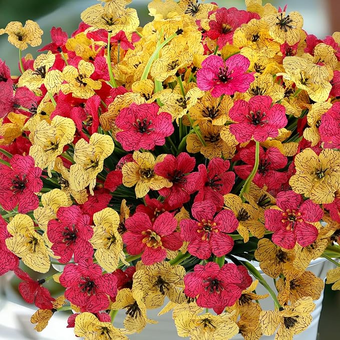 Geegoods Artificial Mums Flowers for Outdoors, 16 Bundles UV Resistant Fake Plastic Rose and Yellow Flowers for Patio Porch Spring Summer Decor