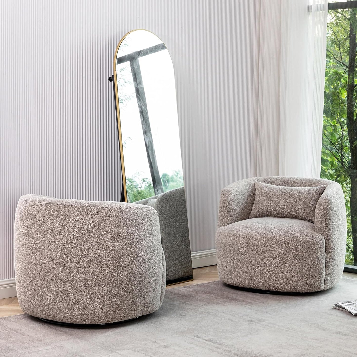 KINWELL 34" Wide Boucle Swivel Barrel Chairs Set of 2, No Assembly Round Upholstered Armchairs Accent Chairs Single Sofa Chair with Toss Pillow for Living Room and Bedroom, Taupe