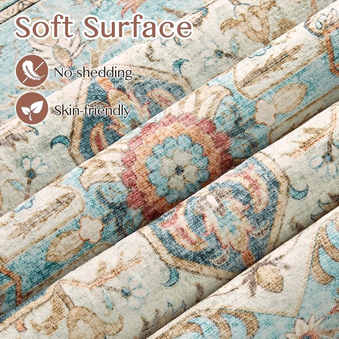 Tortania Area Rug 3x10 Runner Rugs - Washable Vintage Oriental Farmhouse Thin Indoor Carpet for Living Room Bedroom Hallway Entryway Kitchen Under Dining Table Home Office - Aqua Multi
