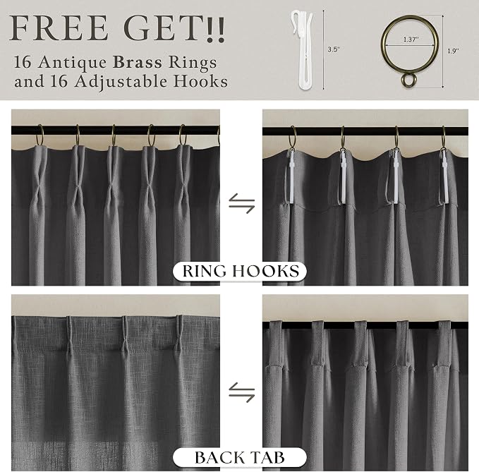 Grey Linen 86 Inches Long Curtains 2 Panels Set Pinch Pleated Charcoal Gray Linen Drapes for Living Room Boys Bedroom Pinch Pleat Light Filtering Modern Farmhouse Window Curtains 86 Inch Length