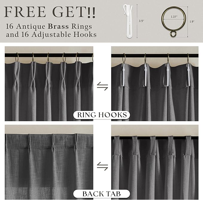 Grey 90 Inch Linen Curtains Pinch Pleated for Living Room Bedroom Dining Boho Charcoal Gray Light Filtering Pinch Pleat Drapes with Hooks Rings Back Tab Semi Sheer Window Curtains 2 Panels Set 50x90