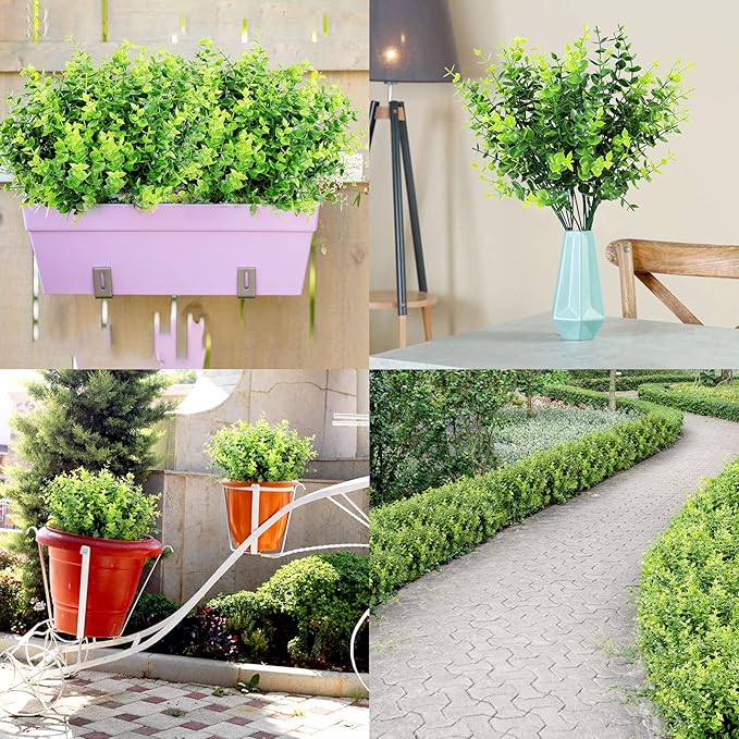 Ouddy Decor 8 Bundles Artificial Greenery Stems Fake Plants Outdoor UV Resistant Faux Plastic Boxwood for Kitchen Office Garden Porch Farmhouse Window Box Home Decor