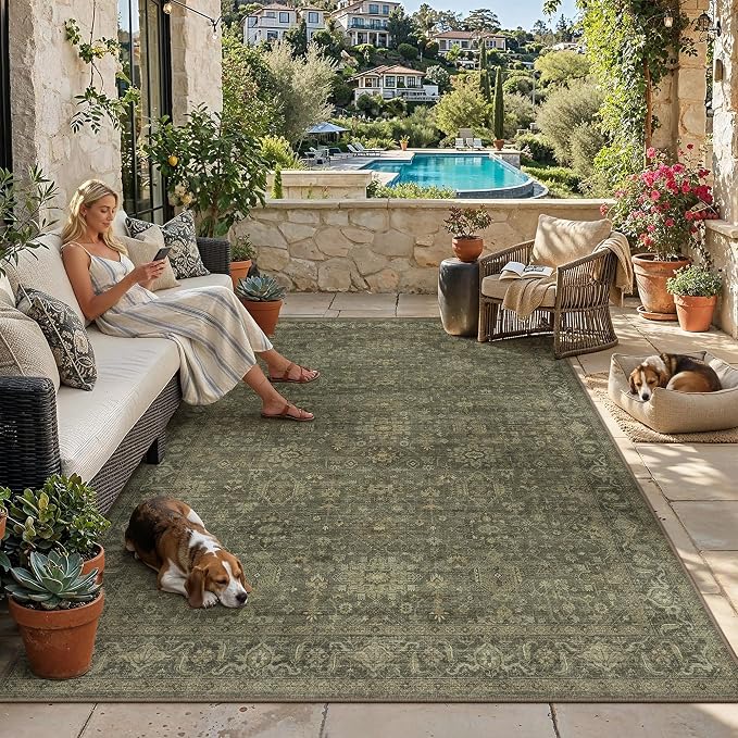 6x9 Easy Jute Area Rug for Living Room Bedroom Vintage Brown Carpet Traditional Retro Washable Non Slip Throw Rug for Dining Room Patio Porch Backyard Courtyard
