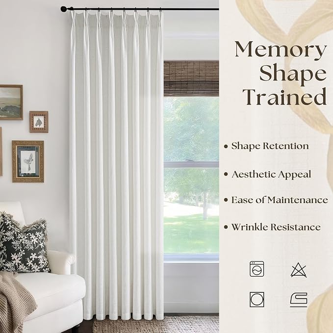 Pinch Pleated Linen Curtains 96 Inches Long for Living Room Birch Ivory Light Filtering Pinch Pleat Hooks Rings Back Tab Neutral Boho Farmhouse 96 Inch Curtain Drapes for Bedroom Window 1 Panel