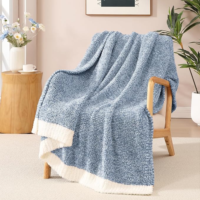 WRENSONGE Soft Twin Blanket for Bed-Cozy Warm Reversible Knitted Blankets | Lightweight Fluffy Decor for Women, Mom, Her & Girls, Sofa, Chair, Couch, 60x80in, Cationic Dyeing Blue
