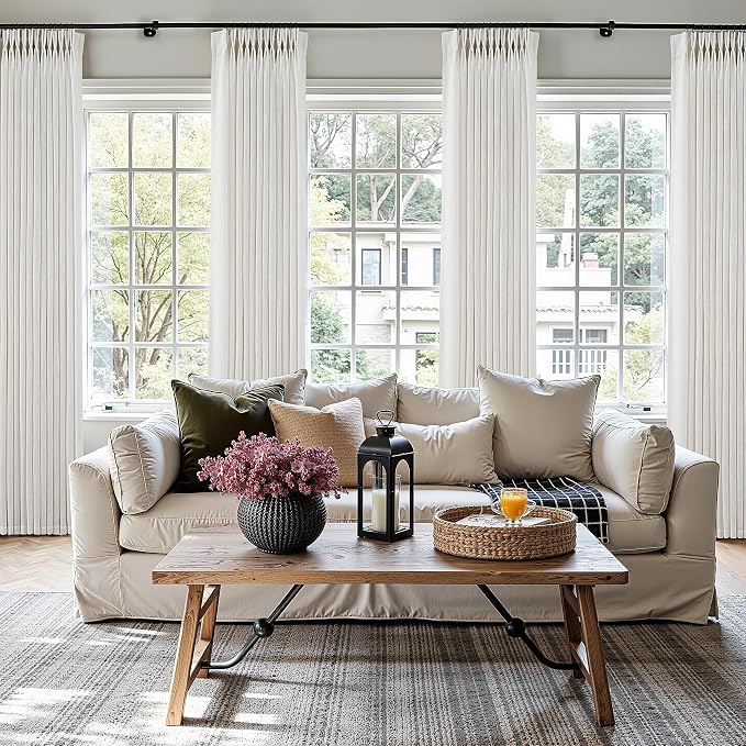 80 Inch Extra Wide Pinch Pleated Curtains 84 Inch Length for Living Room Large Window Drapes Light Filtering Privacy for Bedroom Back Tab with Hooks Clip Rings Natural 80W x 84L