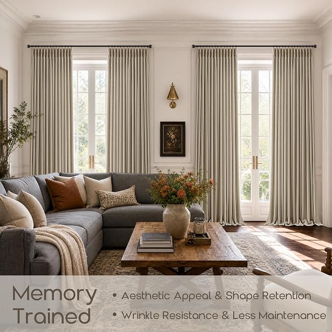 Pleat Linen Taupe Curtains 105 Inches for Living Room Memory Shaped Semi Sheer Light Filtering Textured Curtains with Track Rings 40 Inch Wide Rustic Country Burlap Dining Room Bedroom Drapes 2 Panels