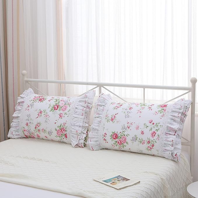 2-Pack Rose Floral Print Pillow Shams with Lace Ruffles Shabby Chic King Size Pillowcases 20" x 36 "Country Vintage Style