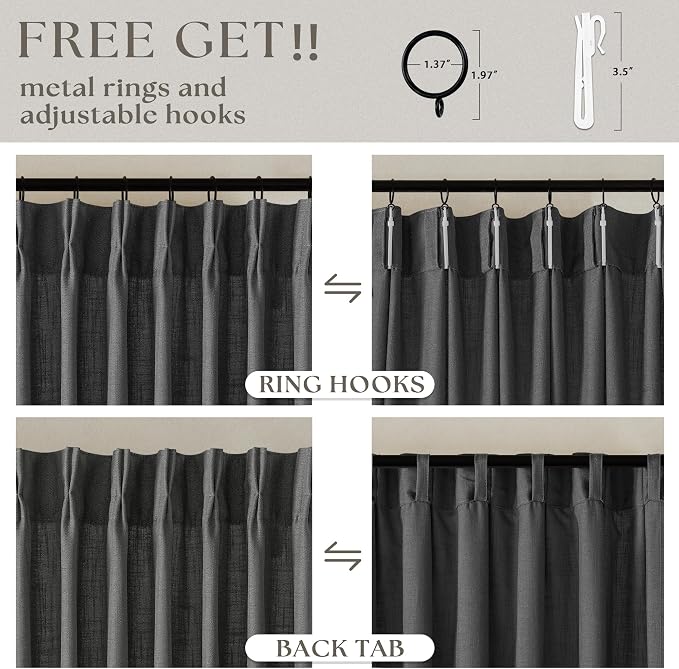 Charcoal Grey Pinch Pleated Linen Curtains 90 Inches Long for Living Room Bedroom 2 Panels Light Filtering Pinch Pleat Hooks Rings Back Tab Dark Grey Modern Farmhouse 90 Inch Window Curtain Drapes