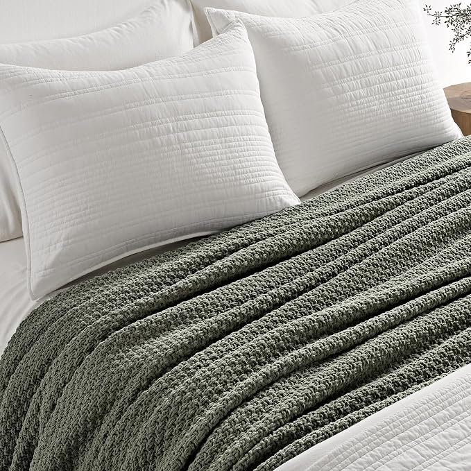 EVERGRACEHOME Chunky Chenille Knit Throw Blanket for Couch, Soft Luxurious Oversized Queen Moss Stitch Blanket for Bed, Cozy Farmhouse Knitted Throw for Sofa, Dried Thyme, 90" x 90"