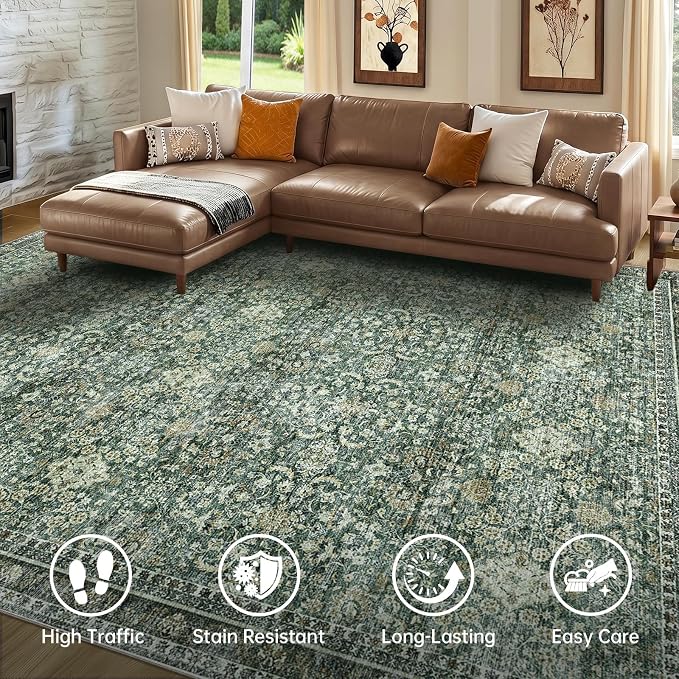 Sasttie 4x6 Area Rug, Ultra-Soft Washable Rug, Low Pile Foldable Thin Carpets with Non-Slip Backing, Skin-Friendly Stain Resistant Carpet for Living Room, Bedroom, Kitchen, Dorm, 4x6, Dark Green
