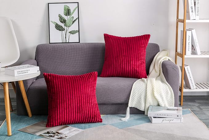 TangDepot Velvet Big Corduroy Pillow Covers 16x16 Deep Red 2-Pack | Soft wide-stripe corduroy pillow cover, hidden zipper, machine washable, easy refresh, for bedroom living room indoor outdoor