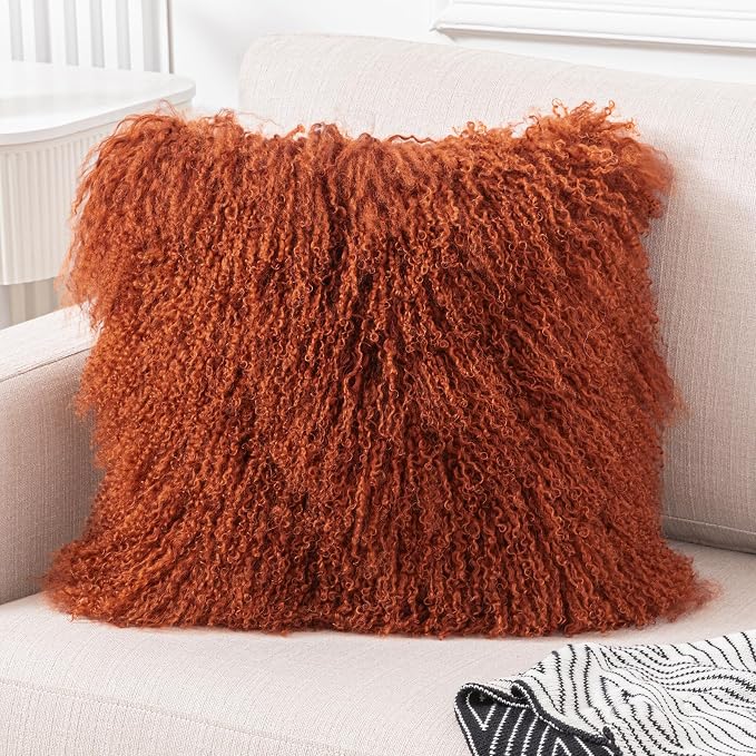 Real Tibetan Mongolian Lamb Fur Throw Pillow Cover Sheepskin Wool Fur Decorative Pillow Case Cushion Cover,Caramel, 18''x18''