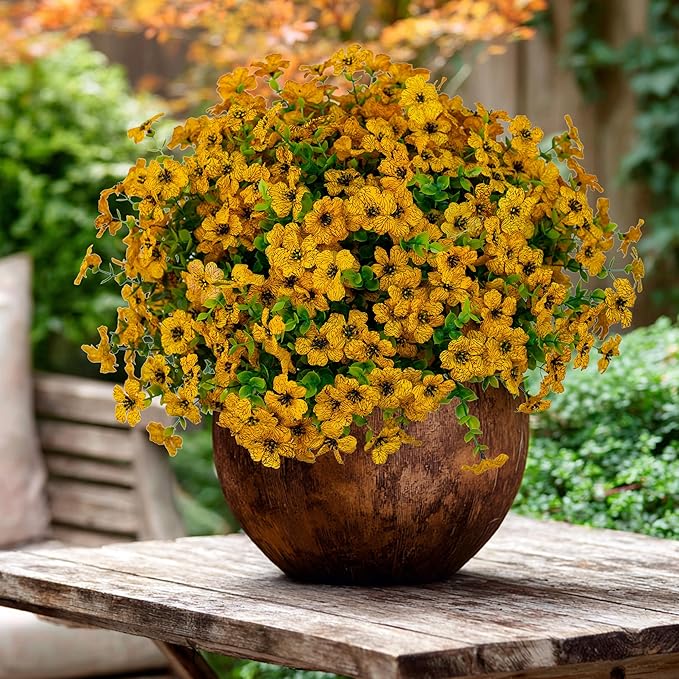 AXYLEX Artificial Fall Flowers for Outdoors Fake Mums - 16 Bundles Faux Plants Outside Greenery Boxwood No Fade Plastic Shrubs Decor Farmhouse Home Garden Thanksgiving (Yellow)