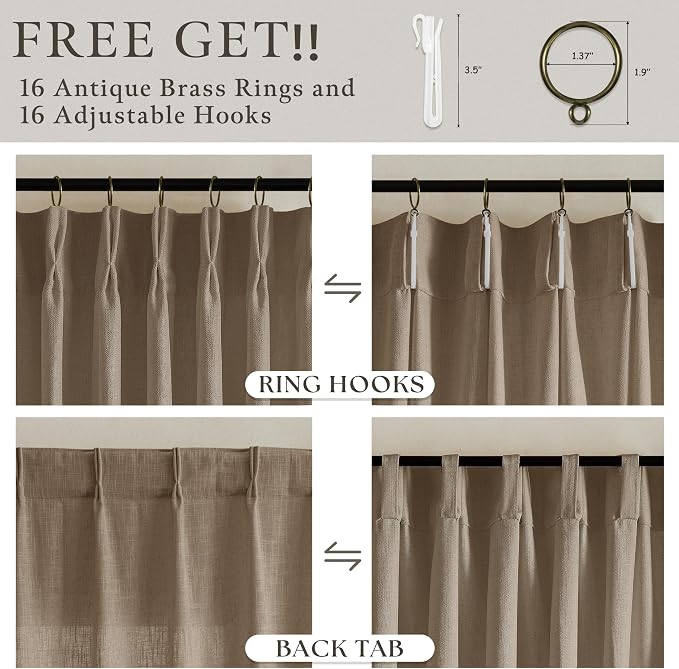 Pinch Pleated Linen Curtains 90 Inches Long 2 Panels for Living Room Bedroom Light Taupe Brown Farmhouse Boho Semi Sheer Privacy Pleat Drapes 90 Inch Length Back Tab Linen Blend Curtain for Patio Door