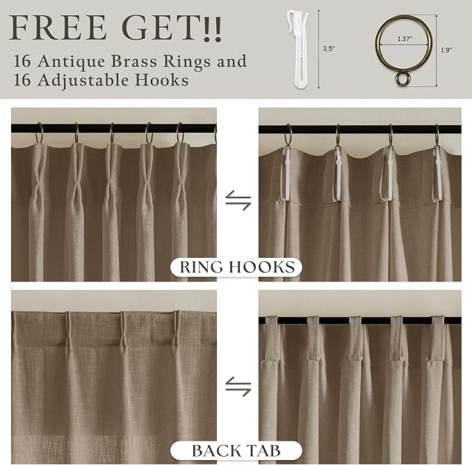 Latte Pinch Pleated Linen Curtains 108 Inch Long Light Taupe Brown Memory Trained Boho Rustic Semi Sheer Burlap Drapes for Track System 9 ft Linen Textured Curtain 2 Panels for Living Dining Room