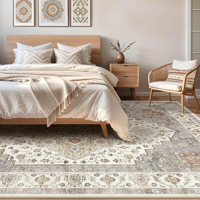 6x8 Area Rug Living Room: Washable Boho Large Neutral Vintage Soft Rugs Stain Resistant Farmhouse Non-Slip Indoor Floor Carpet for Bedroom Nursery Kids Playroom Office Dining Room- Orange Beige