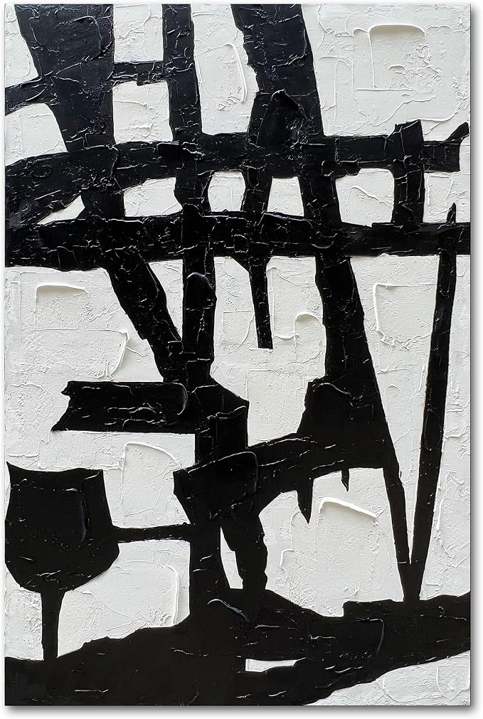 NANKAI Hand-Painted Black and White Wall Art Minimalist Black and White Abstract Painting Large Oil on Canvas Texture Wall Art 45x30 inches