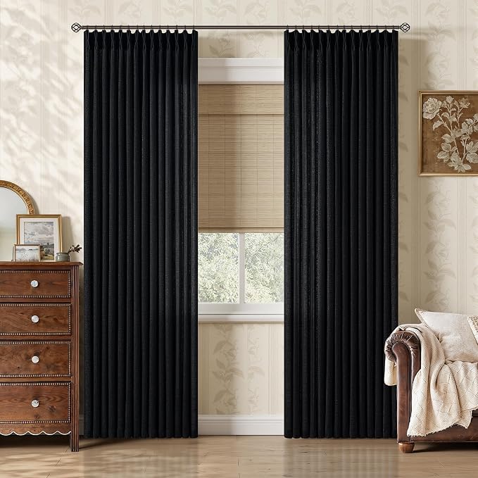 Pinch Pleated Linen Black Curtains 84 Inches 2 Panels Modern Vintage Light Filtering Privacy Textured Pinch Pleat Curtains with Hooks Rings for Living Room Bedroom Memory Trained Burlap Drapes 40x84