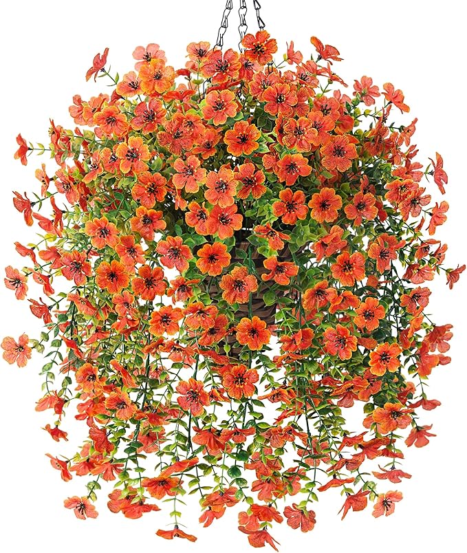 HyeFlora Artificial Hanging Flowers Basket for Outdoor, Fake Spring Flowers, UV Resistant & No Fading, Faux Plants, Realistic Indoor Decoration for Yard Gardens Porch Patio Planter (Orange)