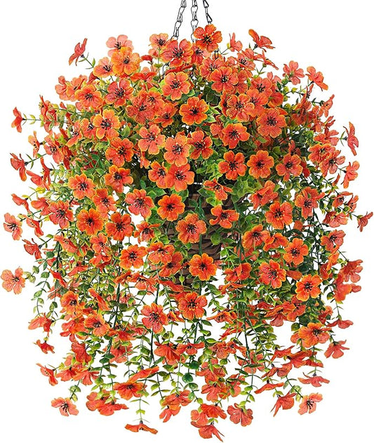 HyeFlora Artificial Hanging Flowers Basket for Outdoor, Fake Spring Flowers, UV Resistant & No Fading, Faux Plants, Realistic Indoor Decoration for Yard Gardens Porch Patio Planter (Orange)