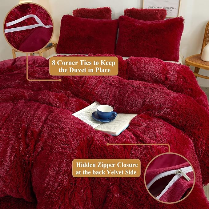 XeGe Plush Shaggy Duvet Cover Set, Luxury Soft Crystal Velvet Fluffy Furry Bedding Sets 3 Pieces(1 Faux Fur Fuzzy Comforter Cover + 2 Fuzzy Faux Fur Throw Pillow Shams), Zipper Closure (King, Red)