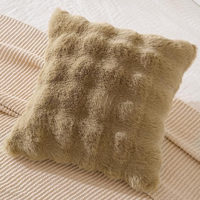 AmHoo Pack of 2 Throw Pillow Covers 3D Dense Faux Rabbit Fur Cozy Super Soft Fuzzy Set Case Cushion for Couch Sofa Bedroom 18 x 18-Inch Iced Coffee