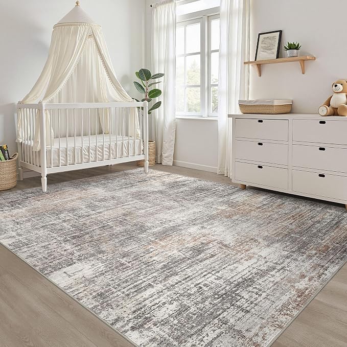 7x10 Area Rug Living Room: Washable Large Neutral Rug Abstract Soft Modern Stain Resistant Indoor Floor Non-Slip Carpet for Bedroom Nursery Kids Office Playroom Dining Room Under Table- Gray Rust