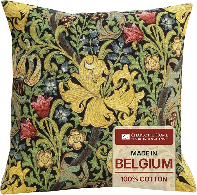 Charlotte Home Furnishings Inc Golden Lily Black Throw Pillow Covers 18x18, European 100% Cotton Jacquard Woven Fabric, Boho & Vintage Inspired Decorative Cushion for Living Room and Sofa