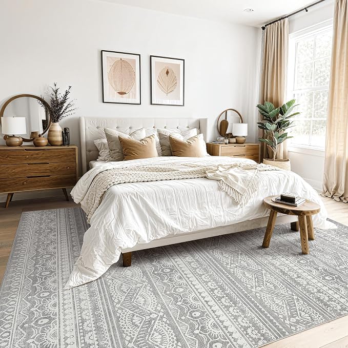Tortania Area Rug Living Room Rugs - 10x12 Washable Large Soft Neutral Boho Moroccan Bohemian Farmhouse Rug Indoor Floor Carpet for Bedroom Under Dining Table Home Office Decor - Neutral Grey