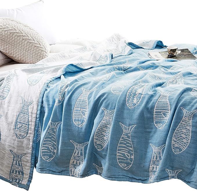MEJU Fish Blue Modern Muslin Lightweight Summer Blanket for Bed Sofa Couch 100% Combed Cotton 3 Layer Soft Warm Bedspread Throw Blanket Bed Coverlet Sheet Full Queen 80 in X 90 in