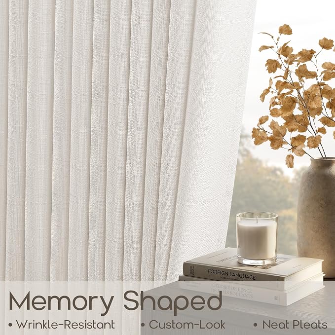 94 Inch Pleated Linen Curtains 2 Panels Set Pinch Pleat Light Filtering Memory Shape Natural Linen Blend Window Curtains for Living Room Bedroom Office Farmhouse Back Tab Semi Sheer Drapes 94 Inches