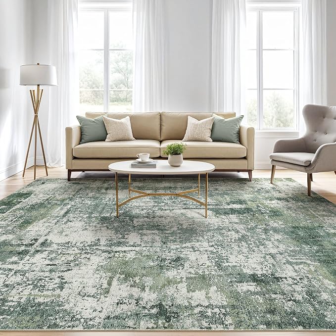 7x9 Area Rug Living Room: Washable Large Abstract Soft Stain Resistant Indoor Floor Rugs Non-Slip Accent Carpet for Bedroom Nursery Playroom Office Dining Room Home House- Dark Green