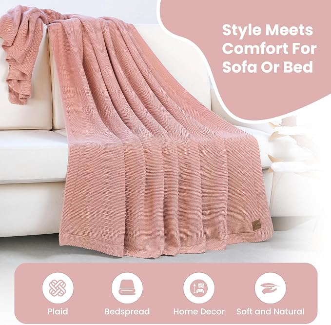 Dalisa 100% Organic Turkish Cotton Throw Blanket – GOTS Certified, Cozy, with Reusable Cotton Gift Bag – Perfect for Couch, Bed, and Home Decor – Boho Vintage Knit Alina (Pink, 80x90)