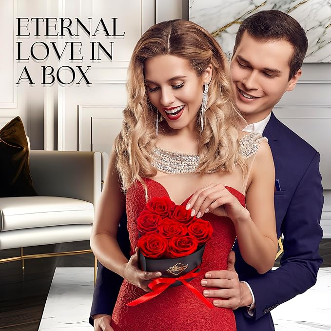 GLAMOUR BOUTIQUE 7 Flower Forever Heart Shape Box, Eternal Preserved Roses Gift for Her, Lasting Flowers, Petite Floral Heart Box for Birthday, Anniversary or Valentine’s Day, Red (Color-Treated)
