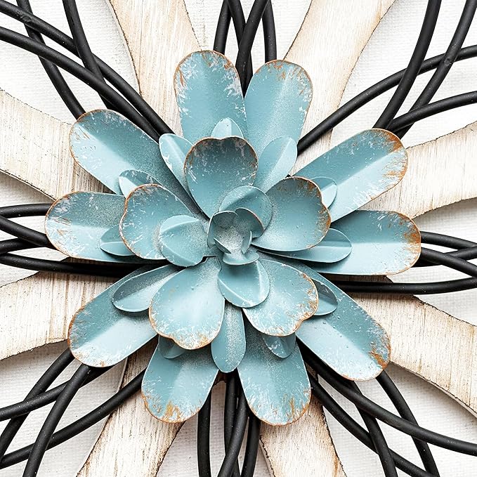 Remenna Metal Flowers Wall Decor, Metal Rustic Wall Art Decoration Farmhouse Wall Decorations Multiple Floral Hanging Decor for Bathroom Living Room Home Office Garden Kitchen (white & blue)