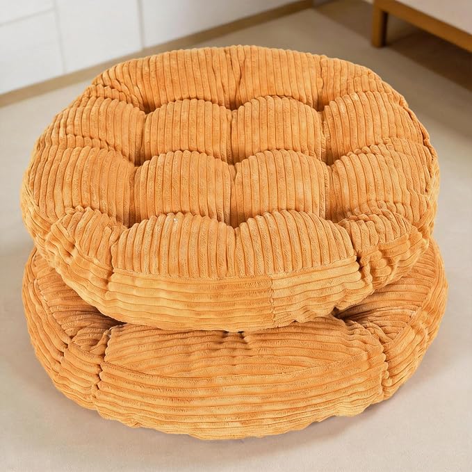 Large Floor Pillow for Adults, 22x22" Memory Foam Floor Cushion with Corduroy Cover, Round Floor Sitting Cushions for Meditation, Lounge,Seating for Yoga, Tatami Living Room (2, Round-Orange)