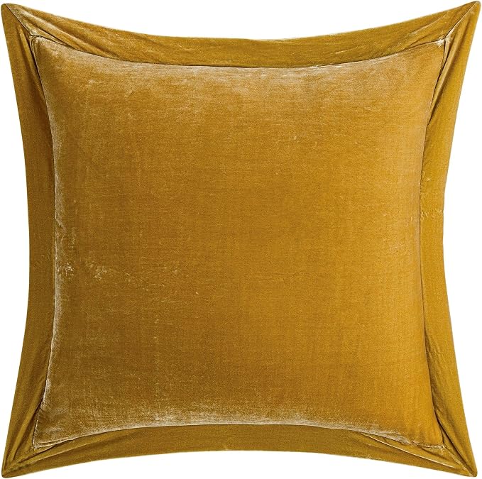HiEnd Accents Stella Faux Silk Velvet Flanged Euro Sham Pillow Cover, 27x27 inch, Saffron, Romantic Western Modern Traditional Style Luxury Bedding