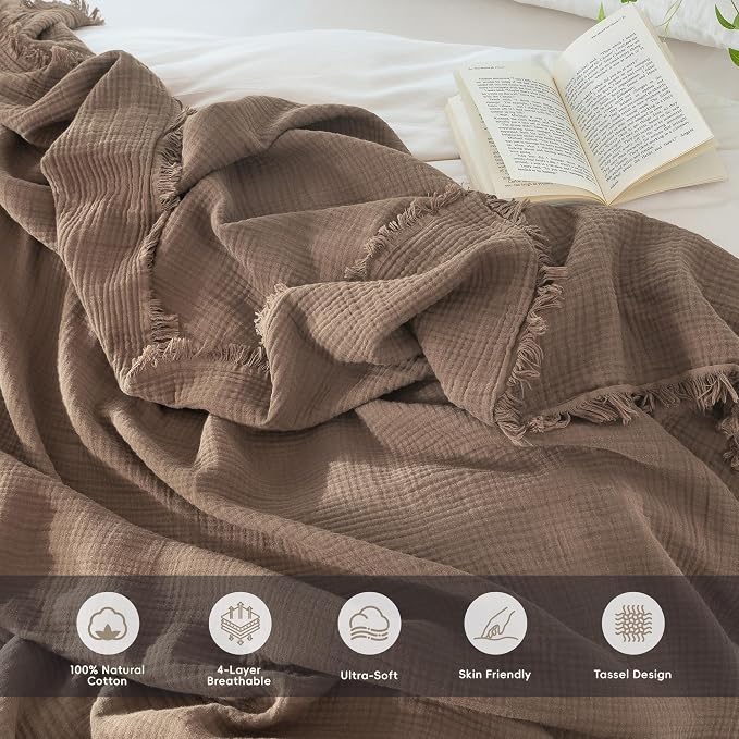 MooMee Muslin Blanket - 100% Cotton 4-Layer Gauze Throw Blanket with All-Around Fringe, Soft Breathable Lightweight Cooling Summer Blankets for Bed Couch(Brown,King 104" x 90")