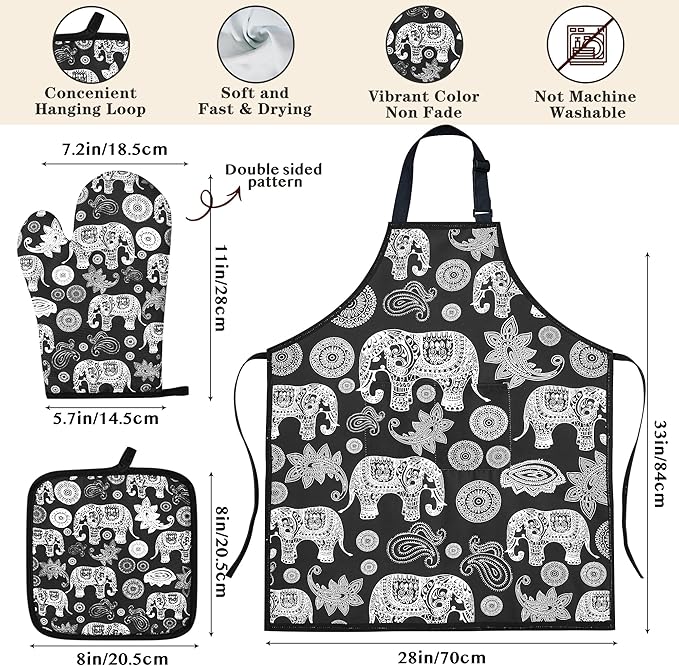 Elephant Gifts for Women,8pcs Elephants Bamboo Cooking Utensil Spoons with Apron Oven Mitt Potholder,Personalized Elephant Gift for Mom,Housewarming Kitchen Decor,Easter,Birthday,Mother's Day