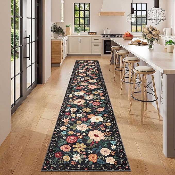 DUKINO Washable Runner Rug 2x12, Ultra Soft Floral Runner Rug for Hallway, Boho Non Slip & Non Shedding Indoor Entryway Carpet for Kitchen, Laundry Room, Bathroom, Bedroom, Entrance, Black