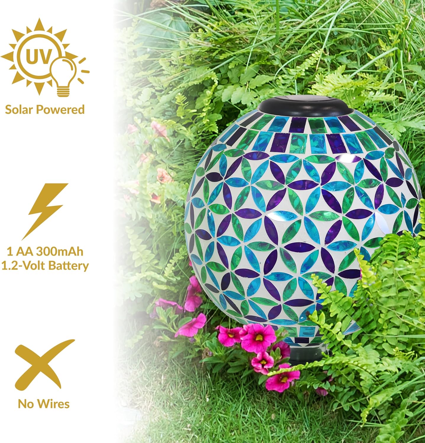 Sunnydaze Cool Blooms 10" Mosaic Glass Garden Gazing Globe with LED Solar Light - Set of 2